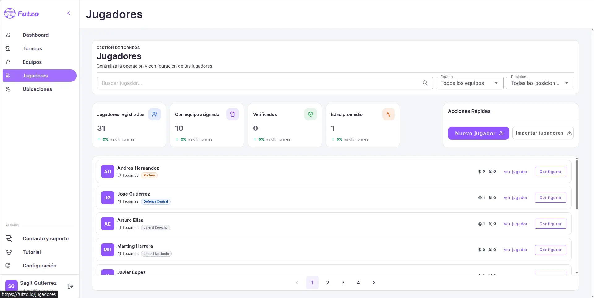 Vista de registro y control de jugadores en Futzo